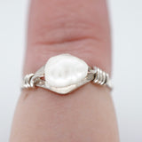 White Wire Wrapped Freshwater Pearl Ring